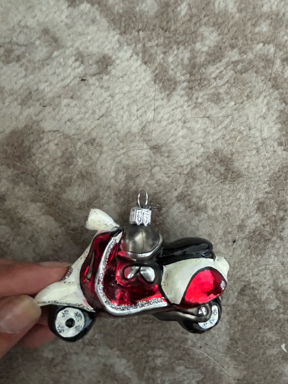 Handpainted Glass Santa Ornament in Red, White, Black motorcycle